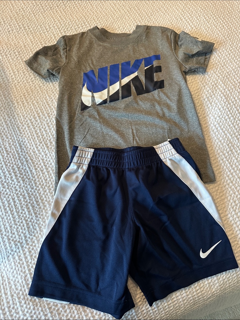 Nike Grey Tee with Blue & White Logo and Navy Athletic Shorts